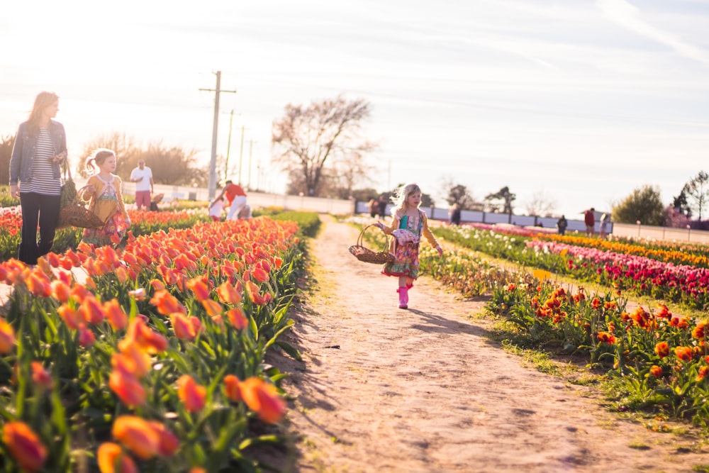 woman in green and white dress walking on pathway between red flowers during daytime