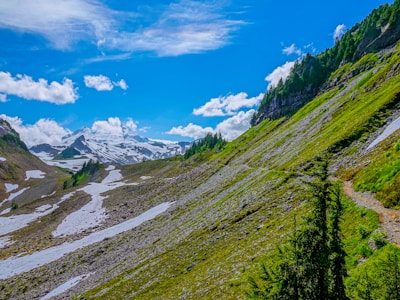 A picturesque mountain landscape with snow-capped peaks.