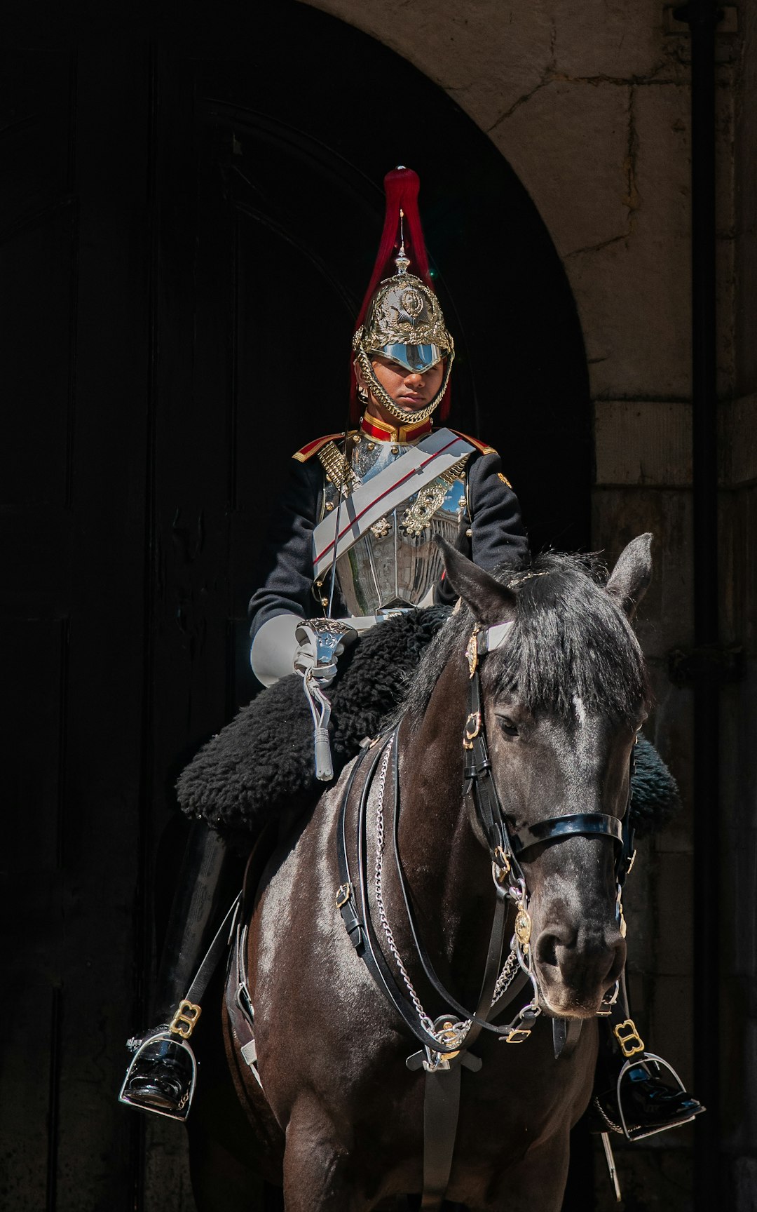 man in black and red coat riding on black horse