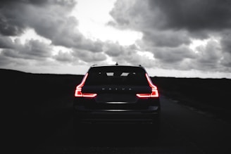 red car on black asphalt road under gray cloudy sky