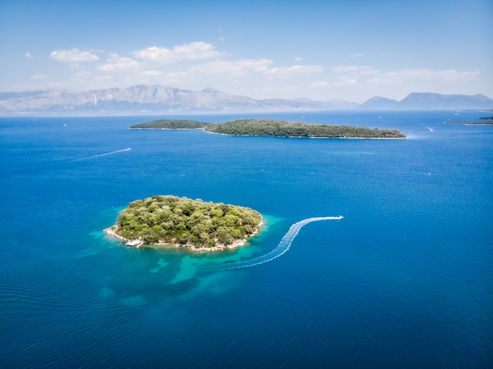 Isla verde en medio del mar azul