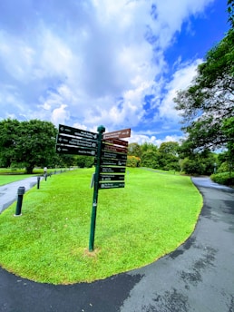 A vibrant outdoor park setting featuring a multi-directional signpost with various directional arrows and descriptions. The area is surrounded by lush green grass and mature trees, with a paved path running through the scene. The sky above is partly cloudy with patches of blue, adding depth to the environment.