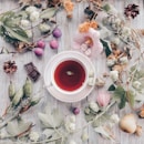 white and pink flower petals beside red and white ceramic mug