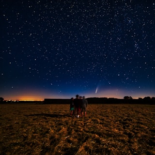 A group of people standing in an open field under a night sky filled with stars. A bright comet with a visible tail is prominently featured among the stars, creating a striking celestial scene. The ground is grassy and dimly lit, while the horizon glows softly with light from a distant city or sunset.
