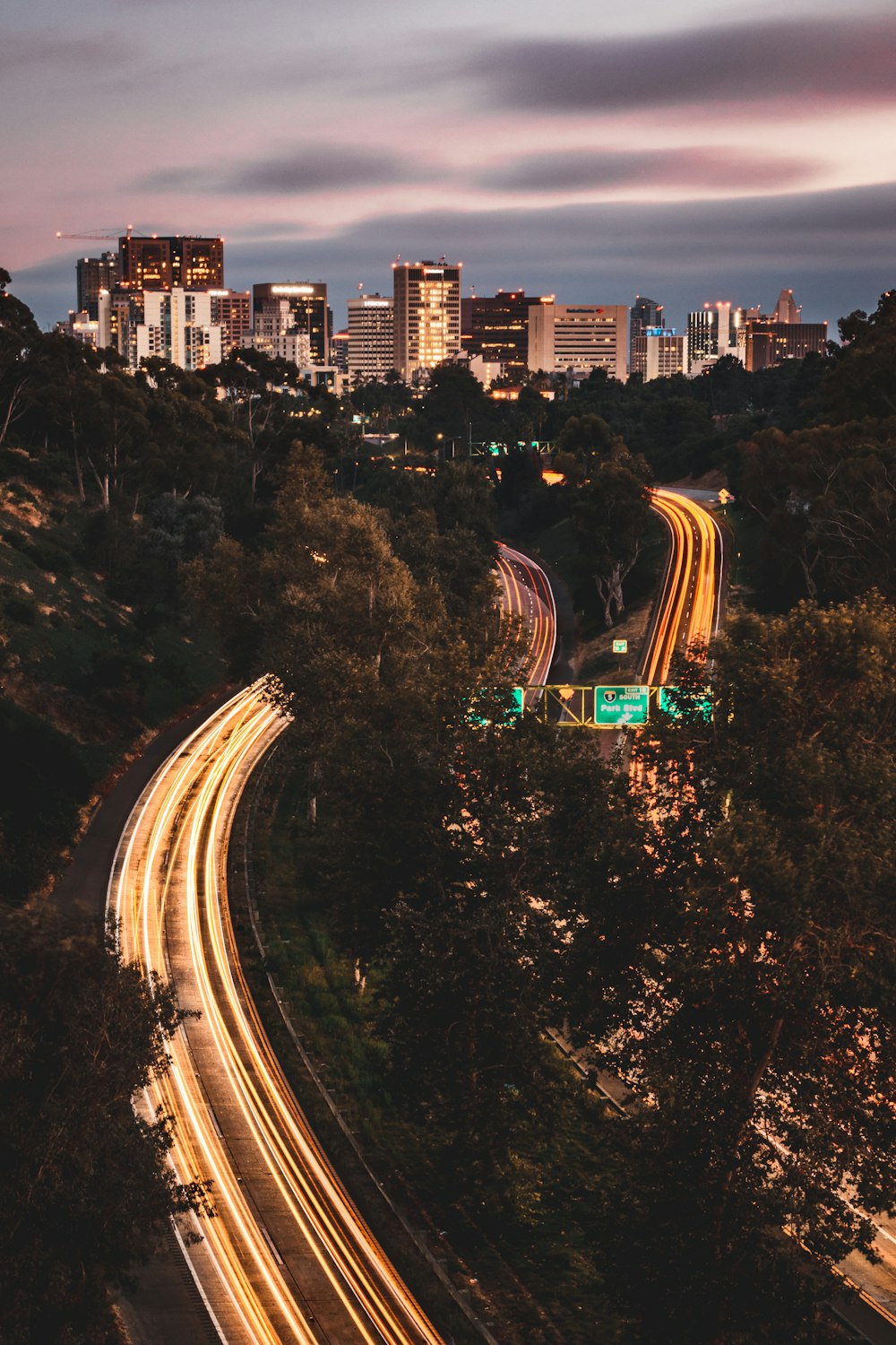 aerial view of city buildings during night time