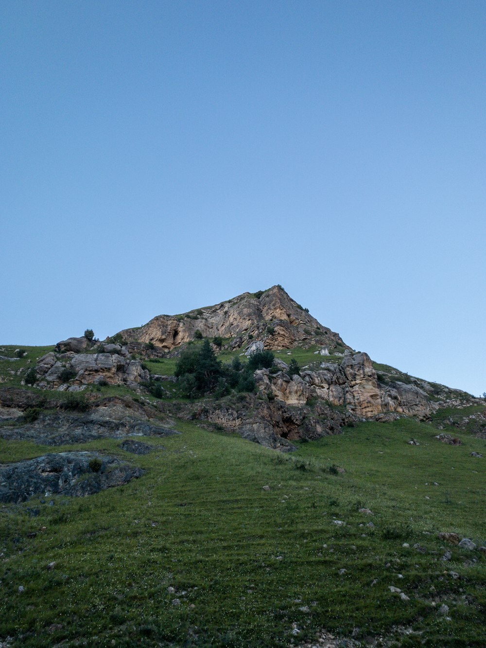 campo de hierba verde cerca de la montaña bajo el cielo azul durante el día