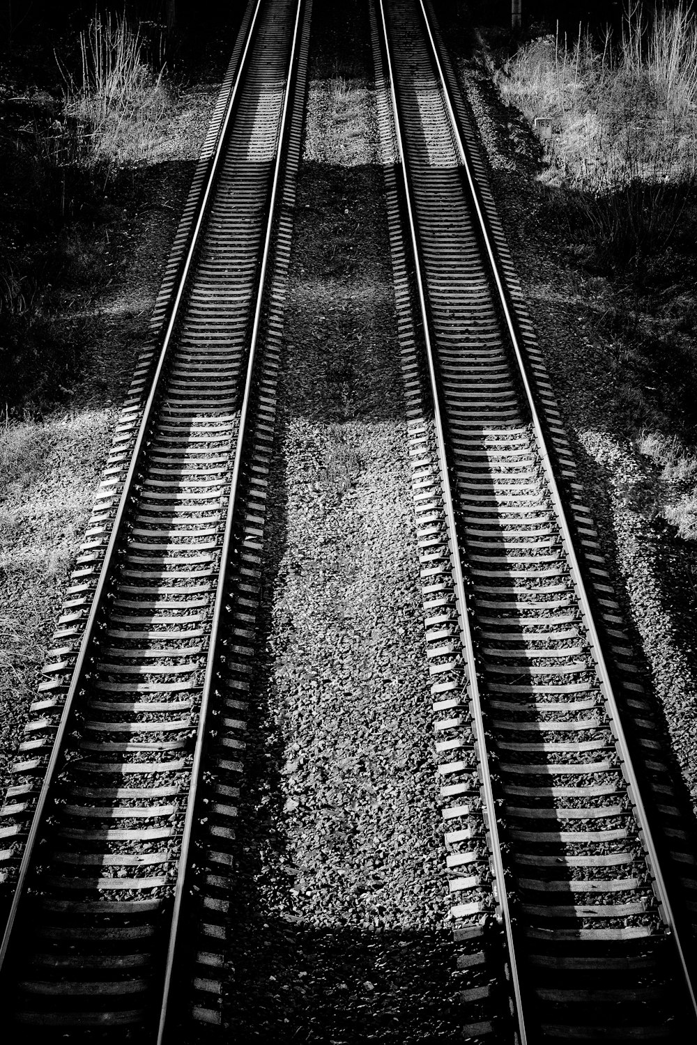 Foto en escala de grises de la vía férrea del tren