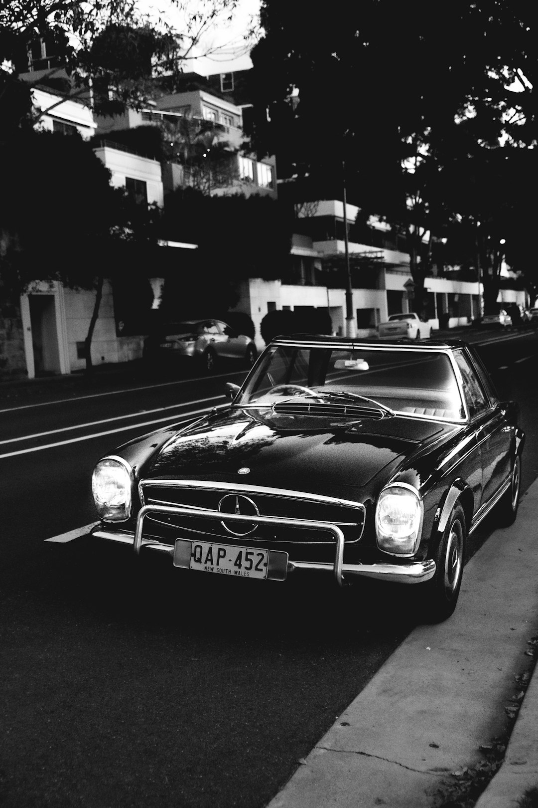 grayscale photo of classic car