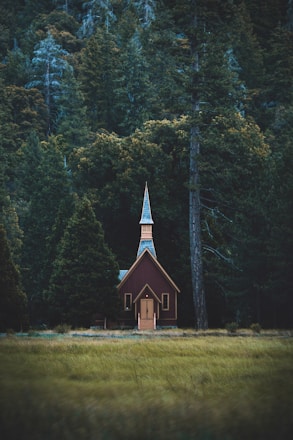 A small, rustic church with a pointed steeple situated in a lush forest clearing. The church is wooden with dark red walls and light trim, blending harmoniously with the surrounding tall trees and dense forest vegetation.