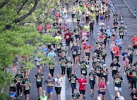A large group of runners participates in a marathon on a city street lined with green trees. The participants wear various colorful athletic clothing, with many sporting numbered race bibs. The atmosphere is lively, with runners of diverse ages moving at different paces.