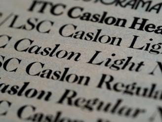 Close-up view of various text samples in different font styles, primarily in black on a light beige background, showcasing typographic details and differences in font weight and style.