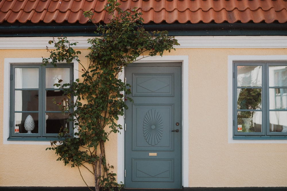 black wooden door on white concrete house