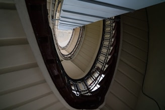 A winding spiral staircase viewed from an upward angle, highlighting concentric circles formed by the steps and railings. The structure features a mix of light and dark hues, creating an intriguing pattern.