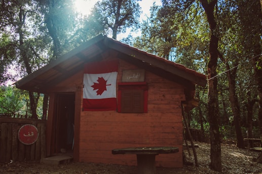brown wooden house with us a flag on top