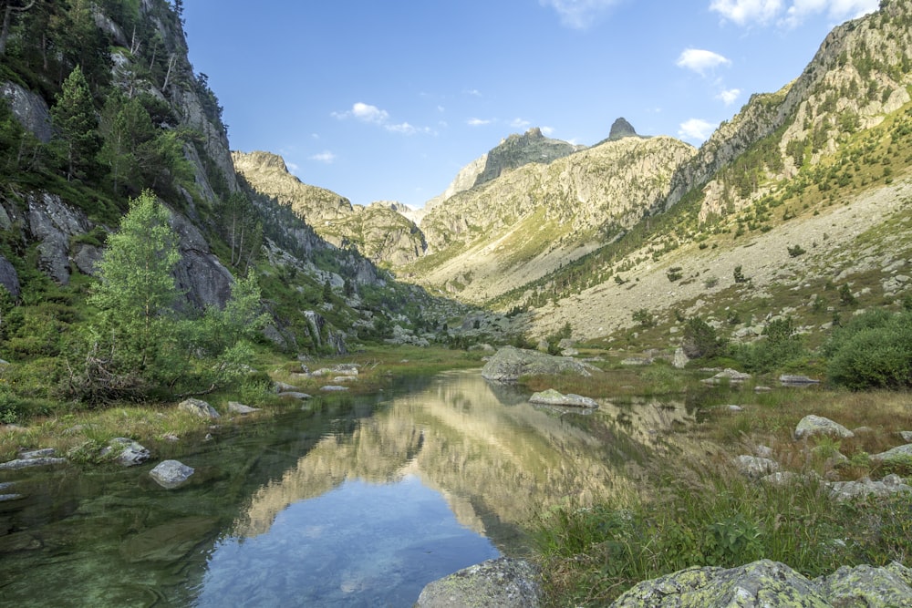 lake in the middle of green mountains