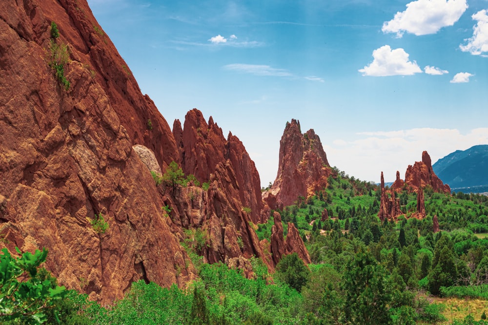 green trees near brown mountain under blue sky during daytime