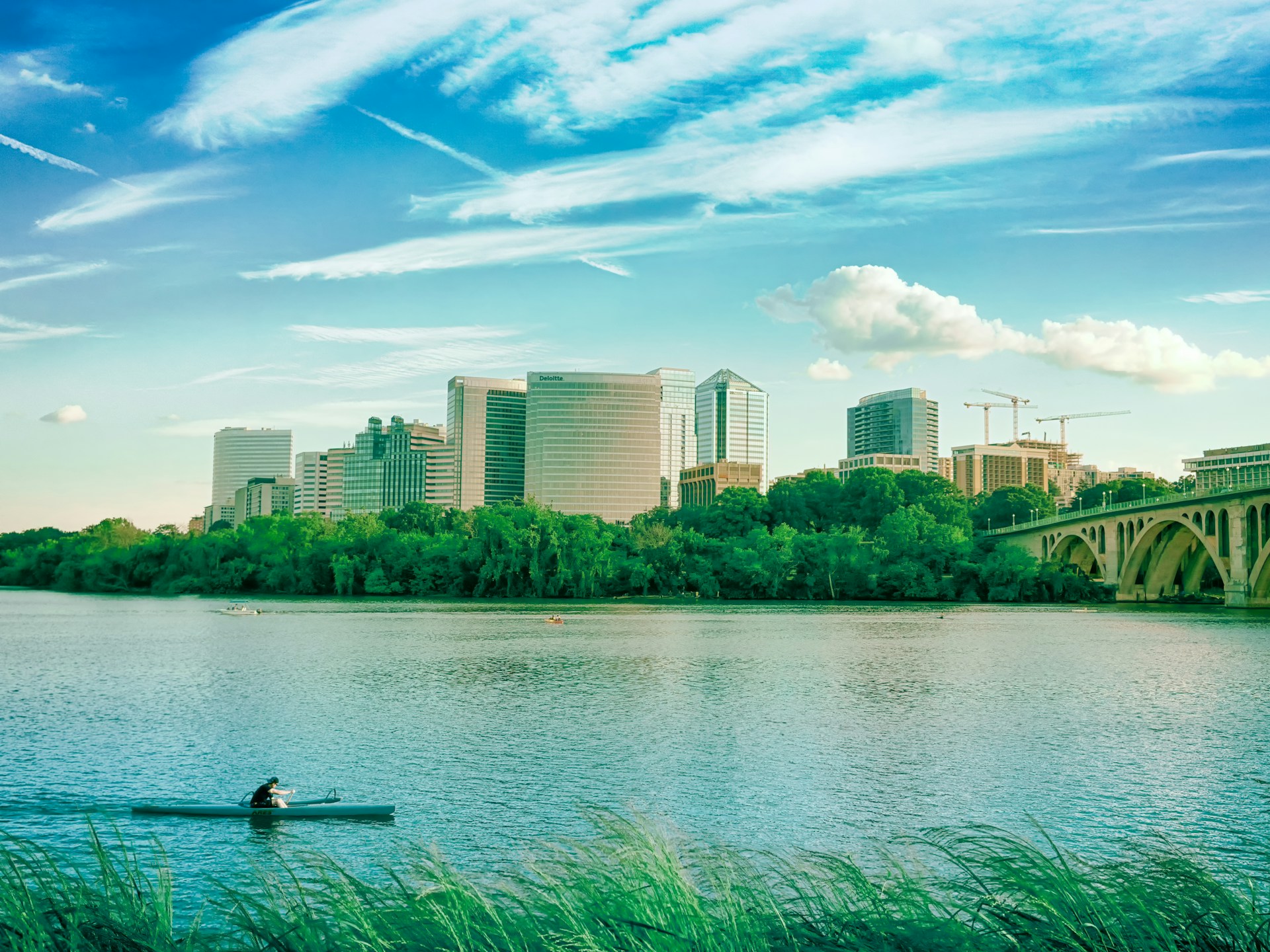 A serene view of the riverbank with people kayaking and the city skyline in the background under a clear blue sky.