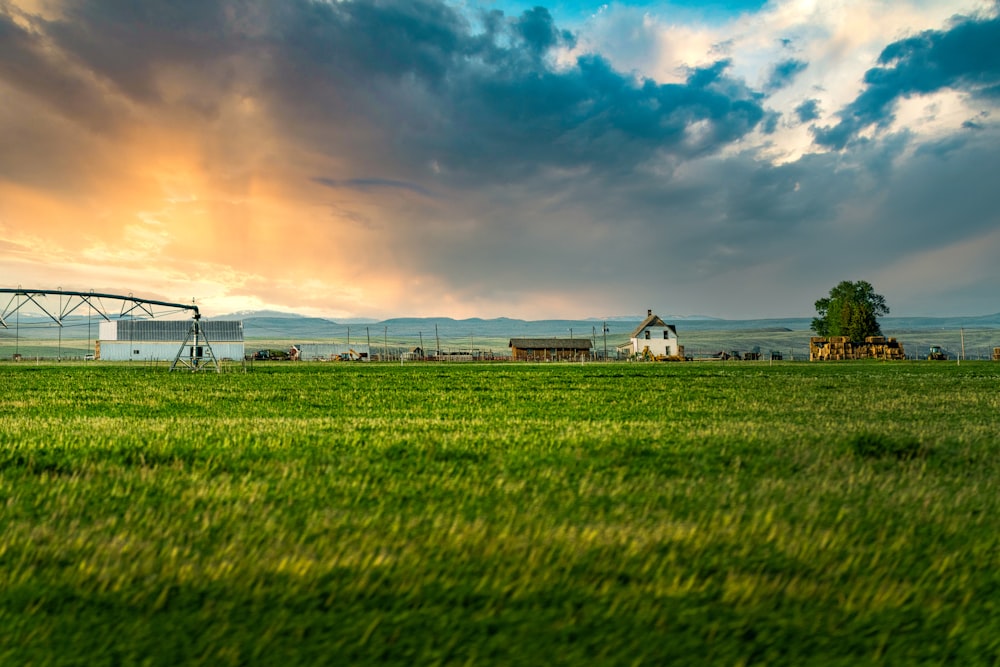 white and brown house on green grass field under cloudy sky during daytime