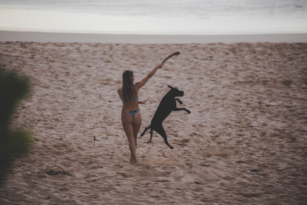 woman in blue bikini walking on brown sand beach during daytime