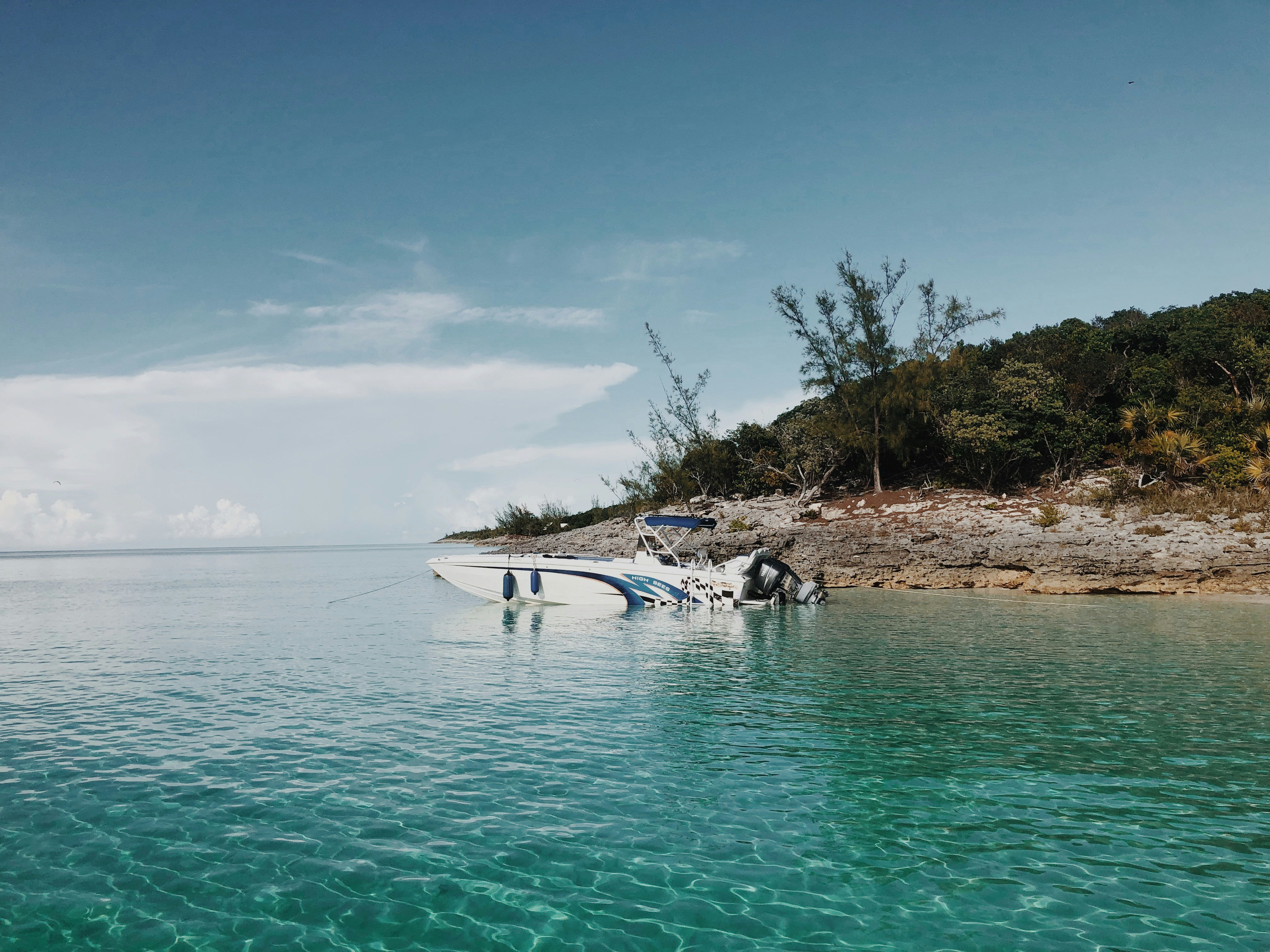 white and black motor boat on sea shore during daytime