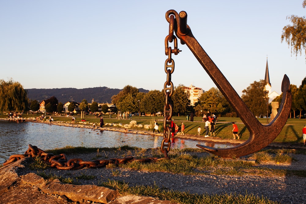 brown metal chain on green grass near river during daytime