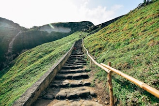 gray concrete stairs on green grass field near mountain during daytime