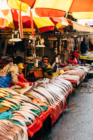 A vibrant community market showcasing colorful ornamental fish and local entrepreneurs in Ciseeng village.