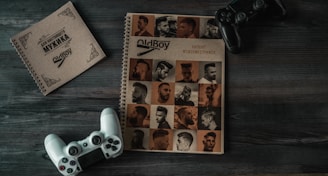 A top-down view of two spiral-bound notebooks on a wooden surface, one featuring images of various male hairstyles and the other with a decorative cover design. A white game controller is positioned on the left and a black game controller on the right.