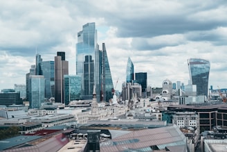 A modern skyline with various buildings.