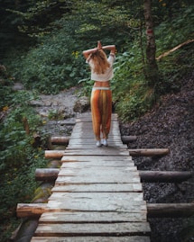 brown and white short coated dog on brown wooden bridge