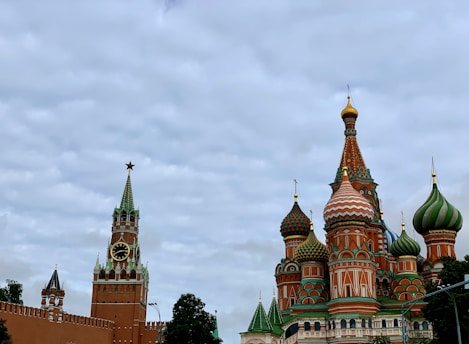 A scenic view of Moscow's Red Square with St. Basil's Cathedral under a clear sky