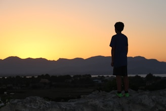 A silhouette of a man standing on a cliff at sunset, looking out over a vast landscape.