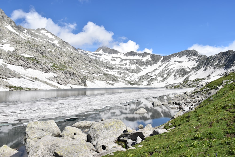 white snow covered mountain near lake under blue sky during daytime