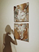 Two framed textile artworks hang on a wall featuring intricate lace and floral patterns. The artworks are depicted with a satin-like texture and intricate designs. In front of the frames, the silhouette of a person is cast on the wall, adding depth and a subtle interaction between the art and the environment.