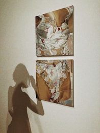 Two framed textile artworks hang on a wall featuring intricate lace and floral patterns. The artworks are depicted with a satin-like texture and intricate designs. In front of the frames, the silhouette of a person is cast on the wall, adding depth and a subtle interaction between the art and the environment.