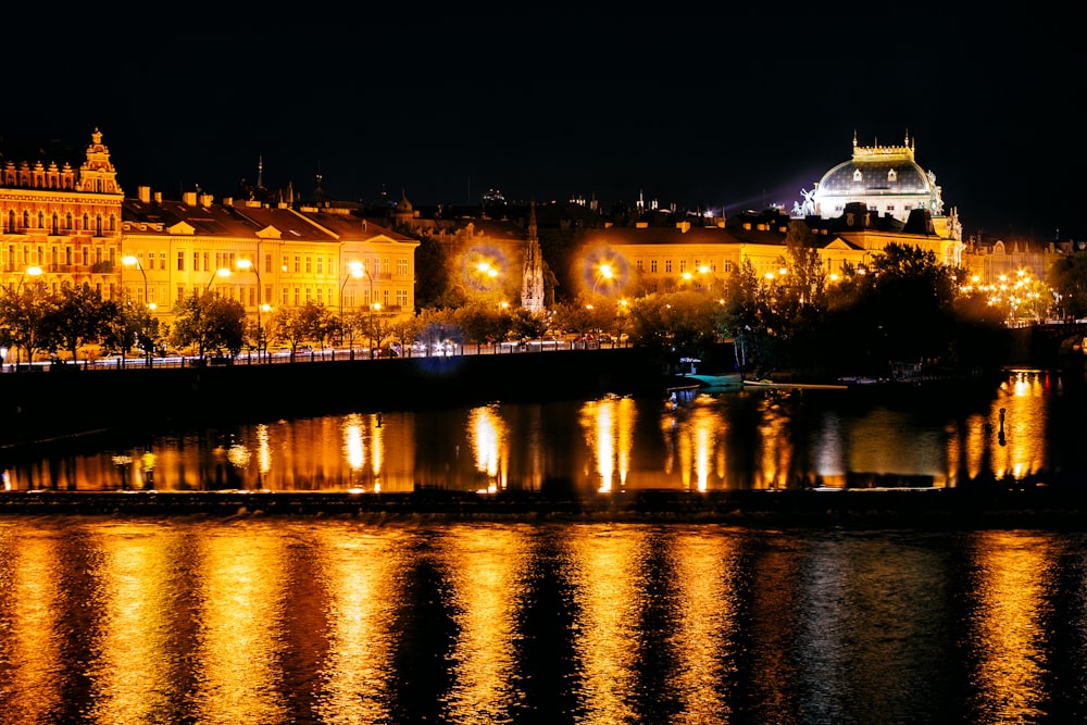 city skyline during night time