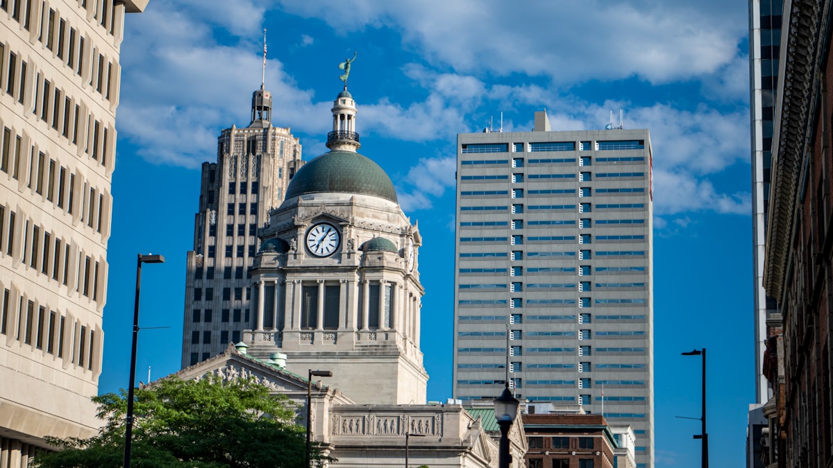 Fort Wayne Indiana down town clock tower and skyline - Best Deck and Porch Builder!