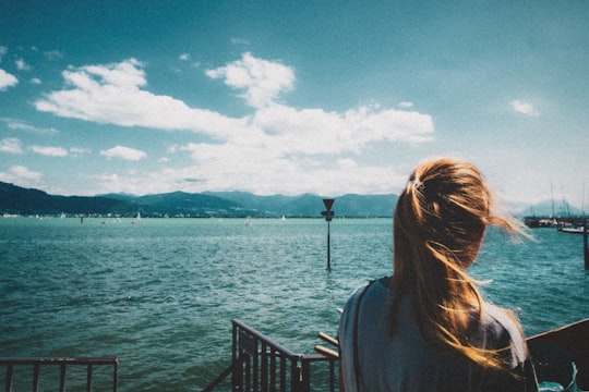 woman in gray hoodie standing on dock during daytime in Bodensee Germany