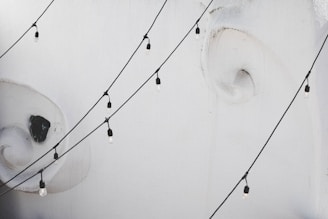 Several strings of small, clear, decorative lights are hanging diagonally against a white background. The wall behind the lights has subtle abstract designs in shades of grey and black, resembling brush strokes or swirls.