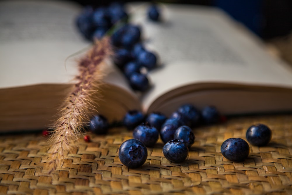 Baies bleues sur panier tressé brun