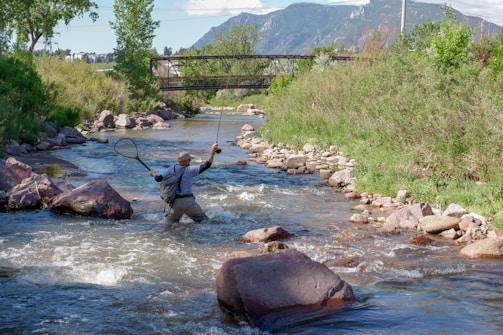 A person standing in a flowing stream, holding a fishing rod in one hand and a net in the other. The surrounding landscape includes lush greenery and rocky banks, with a metal bridge and distant mountains visible in the background under a clear blue sky.