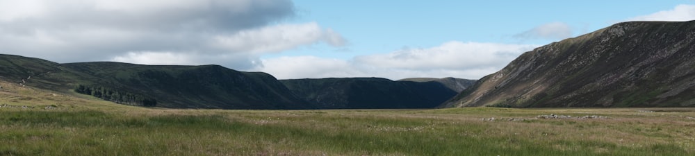 Champ d’herbe verte près de la montagne sous le ciel bleu pendant la journée