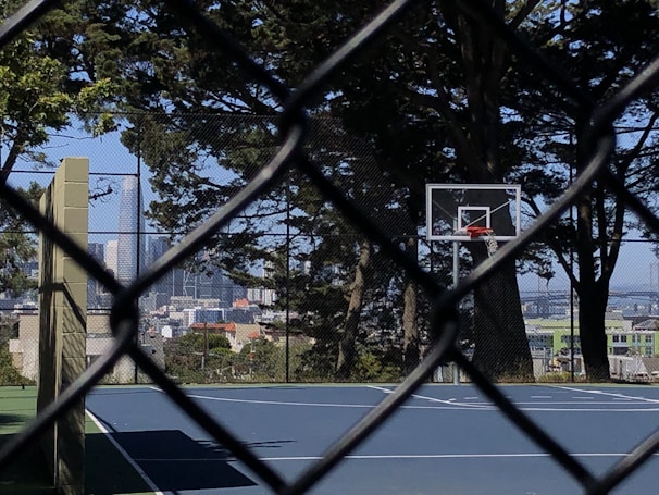 A basketball court enclosed by a wire fence is visible, with a basketball hoop on the right side. Tall trees surround the court, and a city skyline, including a prominent skyscraper, is in the background.