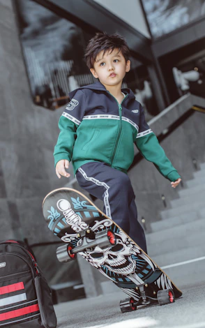 boy in green and blue zip up jacket riding on red and black motorcycle