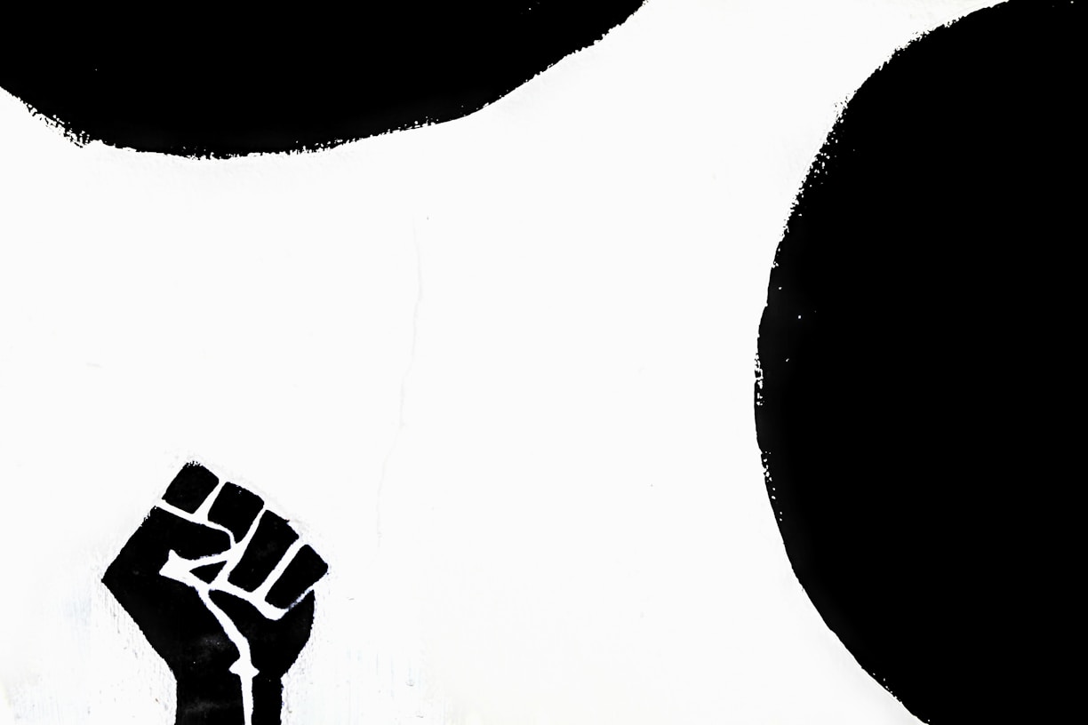 A black silhouette of a raised clenched fist against a stark white background with bold black shapes.