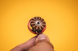 person holding red and yellow round ornament