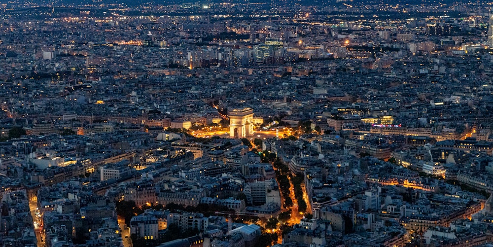 aerial view of city buildings during night time