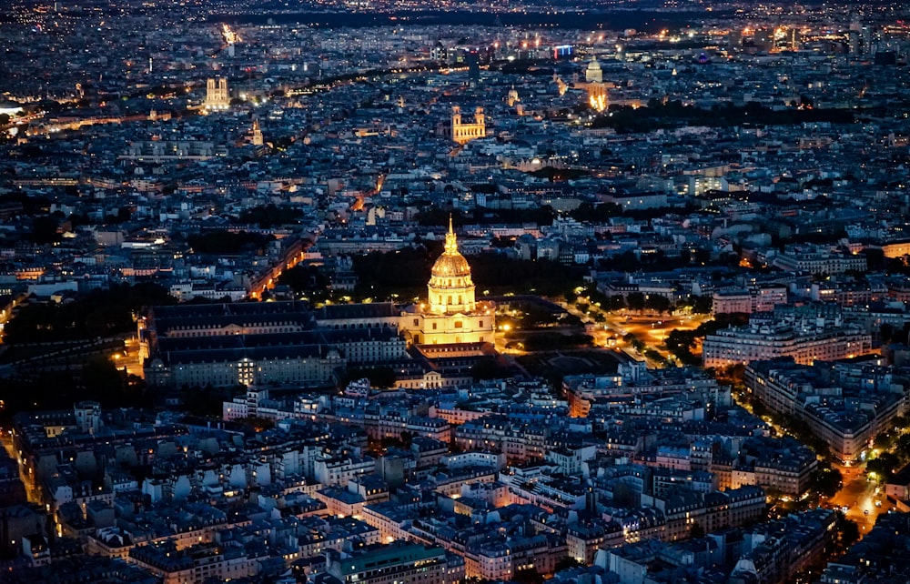 aerial view of city buildings during night time