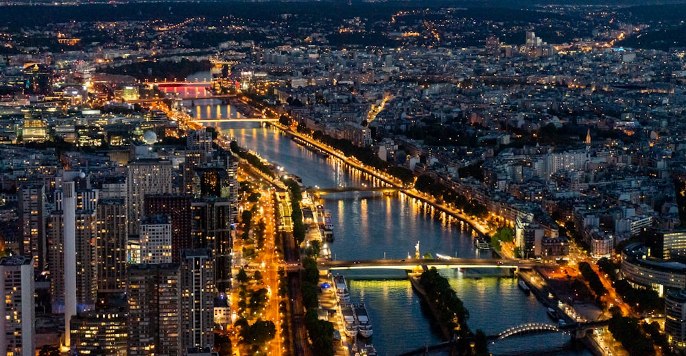 aerial view of city buildings during night time