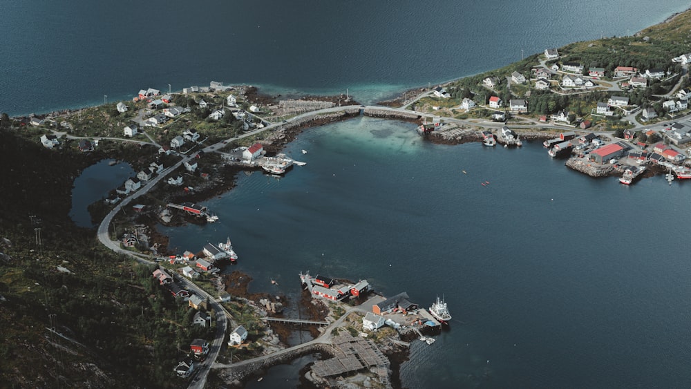 aerial view of city buildings near body of water during daytime